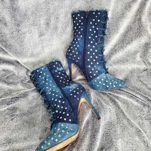 Mixed wash denim zip up boots